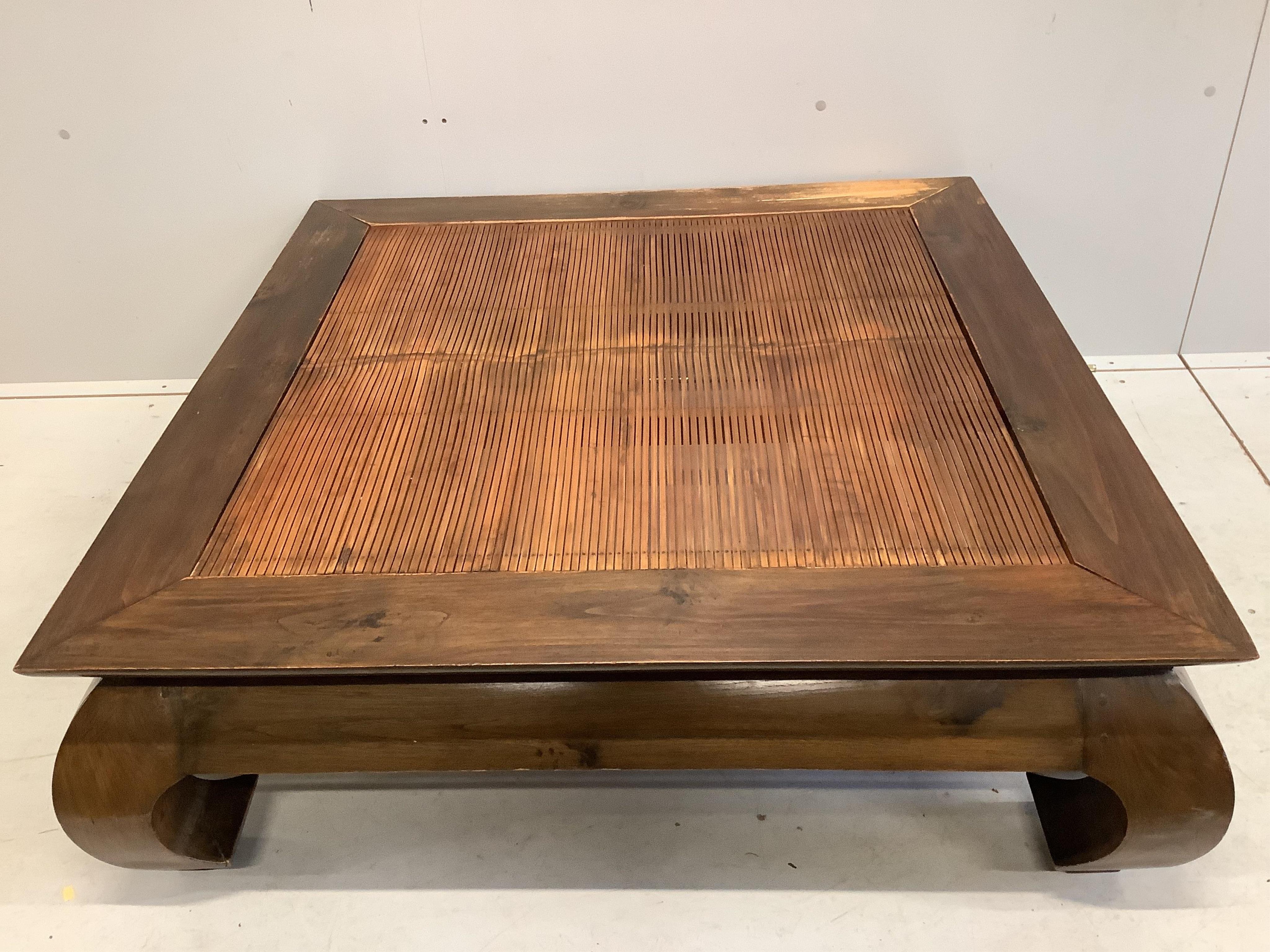 A Chinese hardwood and bamboo square coffee table, 105cm, height 34cm. Condition - fair